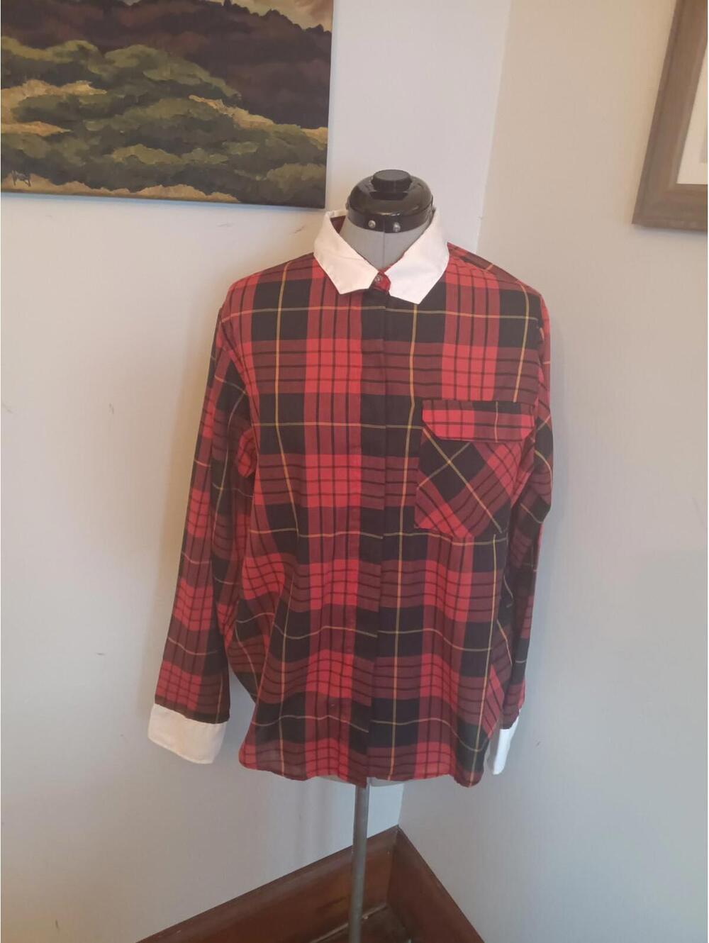Men's 60s Dress Shirt Red Plaid White Cuff Sears Button Up Top Mod Gogo